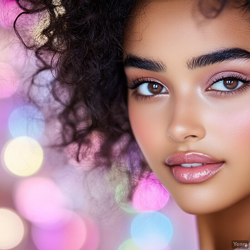 A serene portrait of a woman with curly dark hair and brown eyes, set against a soft pink background.