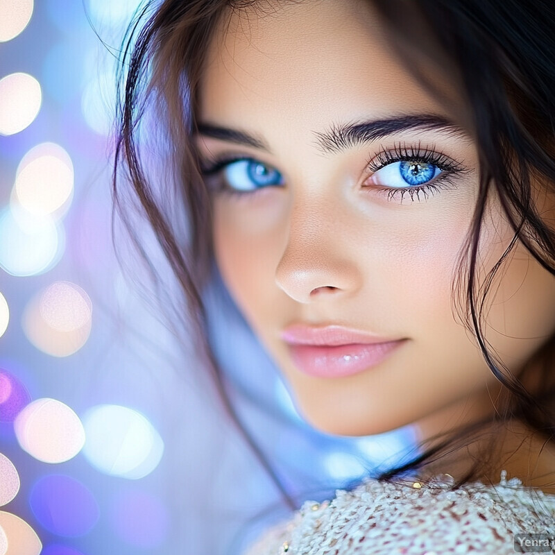 A young woman with blue eyes and fair skin looks directly at the camera, her dark hair framing her face as she wears a white top with gold accents.