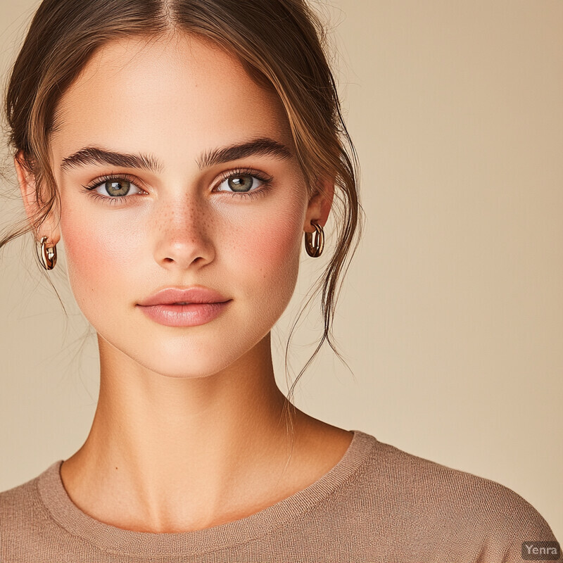 A young woman with fair skin and brown hair poses in front of a beige background.