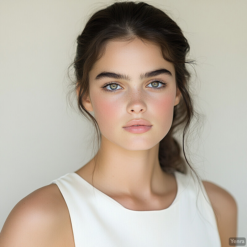 A young woman with striking eye color and fair skin poses for a professional photo shoot.