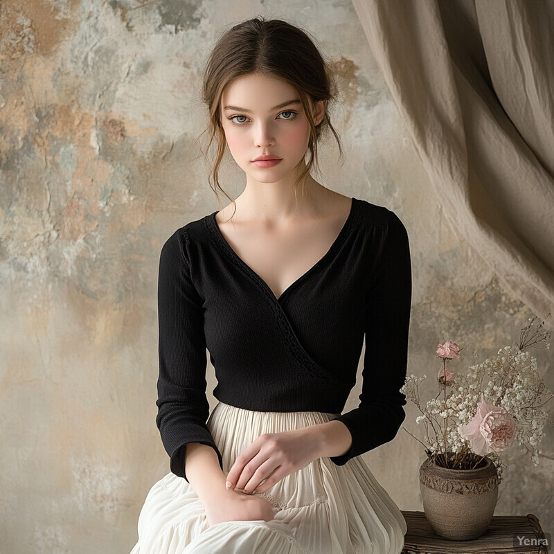 A young woman sits on a wooden bench or stool against a rustic stone wall backdrop, exuding refined simplicity.