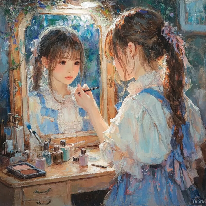 A young girl applies makeup in front of a vanity mirror.