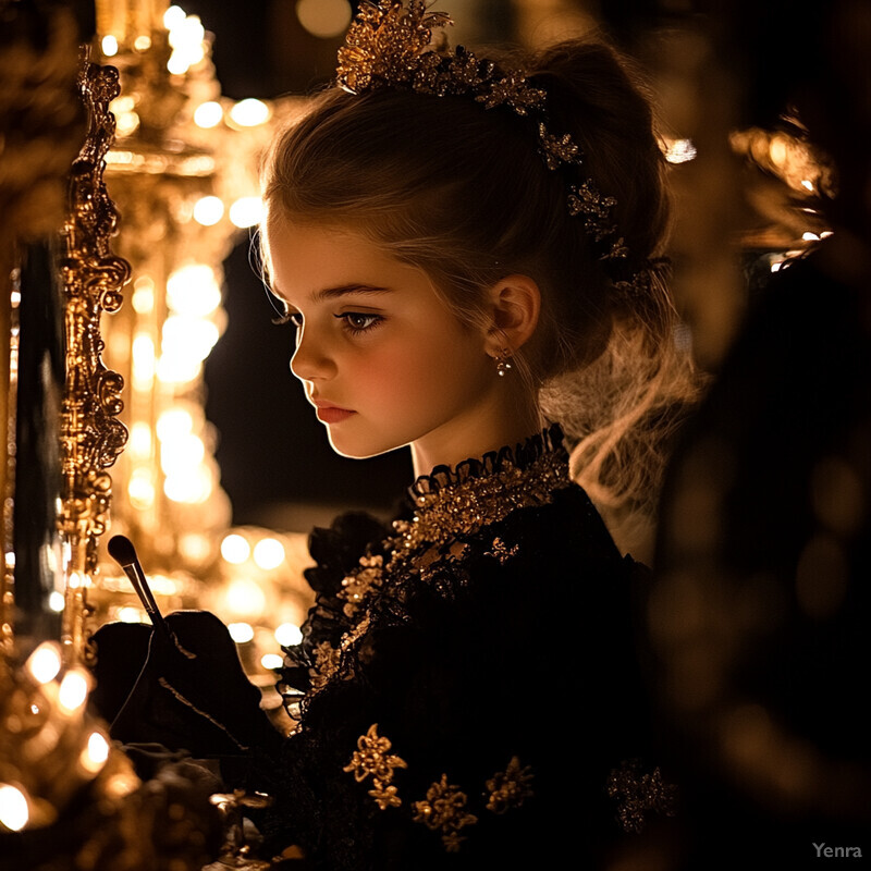 A young girl applies makeup in front of a large mirror, surrounded by luxurious decor.