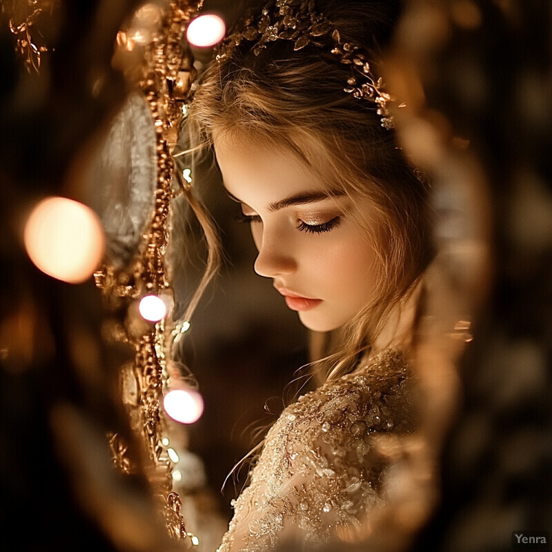 A young woman with long blonde hair and fair skin stands in front of a mirror, admiring her gold dress adorned with floral patterns.