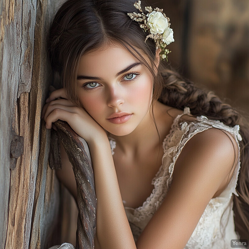 A young woman in a white wedding dress poses against a rustic wooden wall, adorned with braids and flowers.