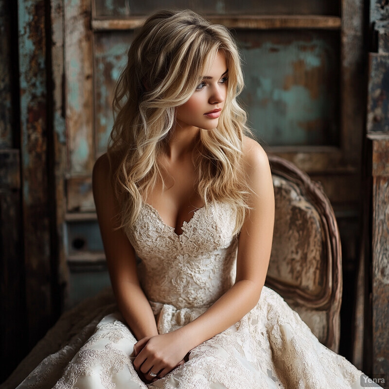 A young woman in a white wedding dress sits on an antique chair or sofa, holding flowers, set against a rustic background.