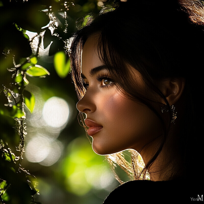 A young woman with dark hair and brown eyes is captured in a black shirt and gold earrings, surrounded by blurred foliage