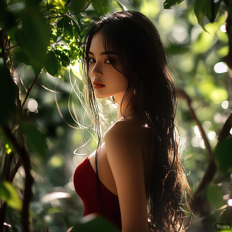 A young woman with long dark hair stands in front of a blurred outdoor background, wearing a red dress or top and gazing directly at the camera.