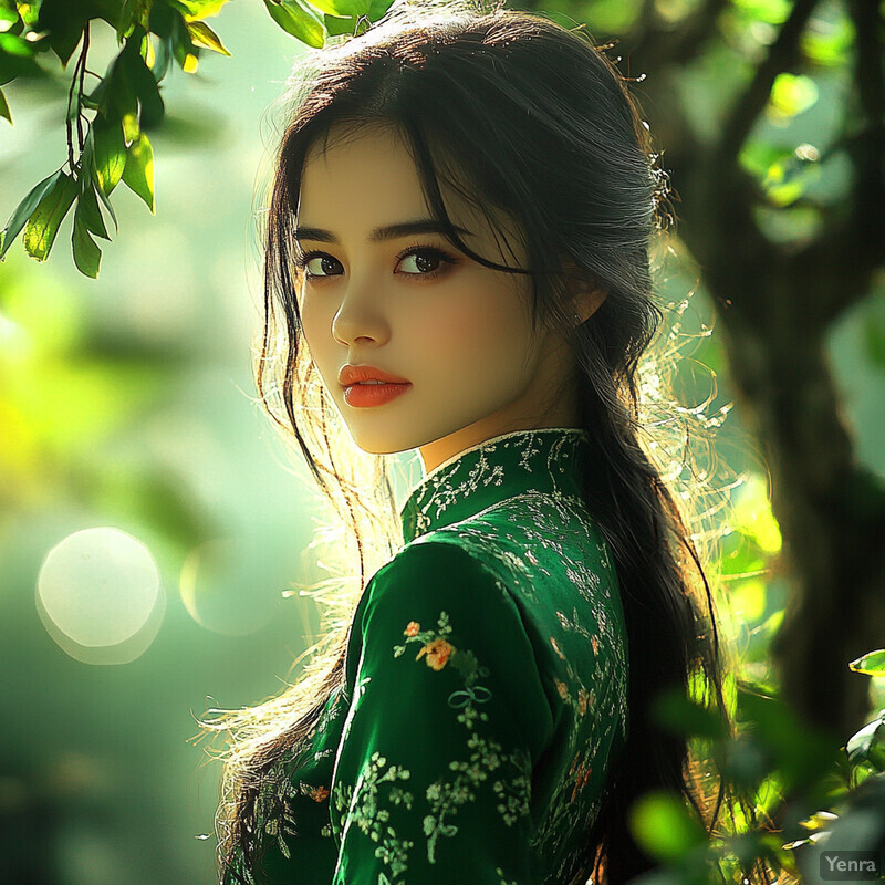 A woman with long dark hair and red lips wears a green velvet top adorned with gold embroidery in an outdoor setting.