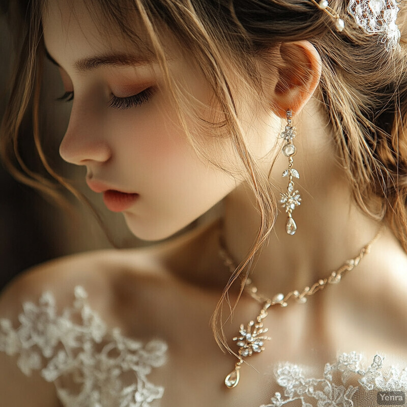 A close-up portrait of a woman in a white dress or top with lace details, possibly a bride or participant in a formal event.