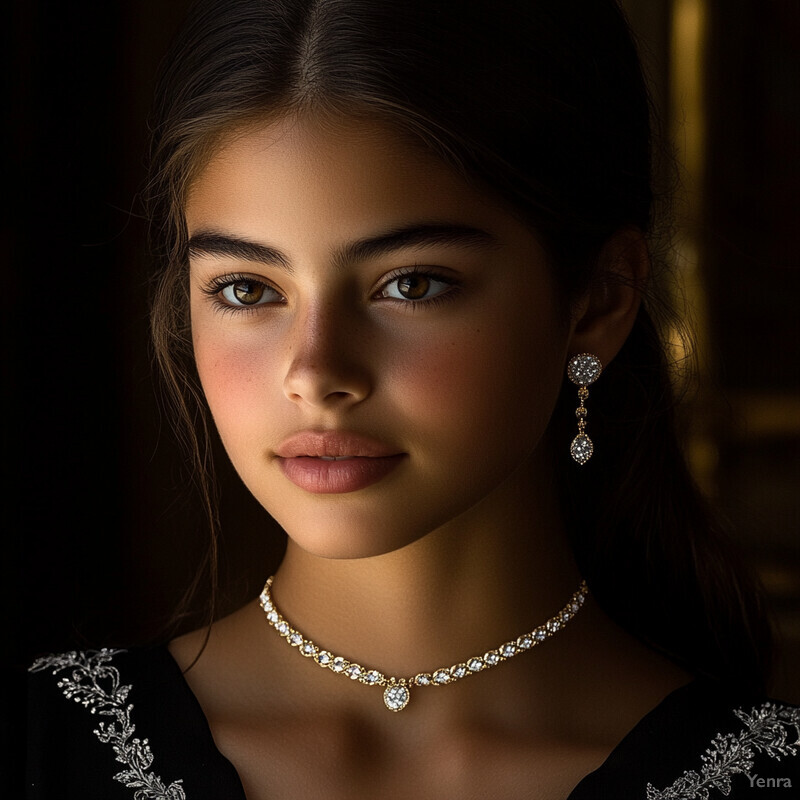 A young girl with long dark hair and brown eyes wears elegant jewelry, possibly for an advertisement.