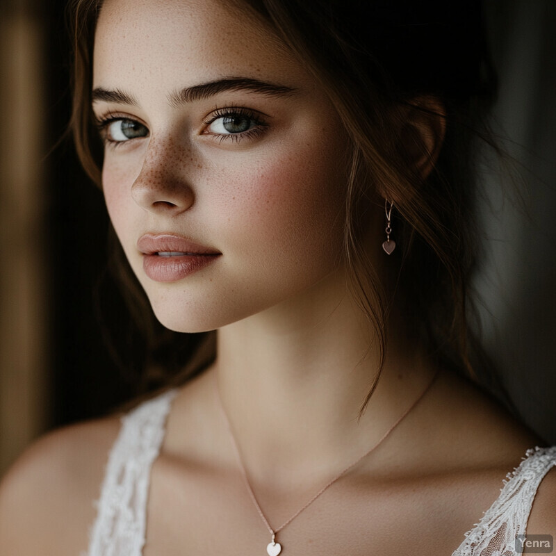 A close-up portrait of a young woman with blue eyes and freckles, wearing a white lace top and heart-shaped jewelry.