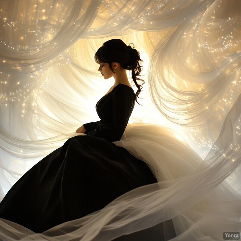 A woman in a black dress with a white tulle skirt stands against a backdrop of sheer curtains with string lights and fairy lights.