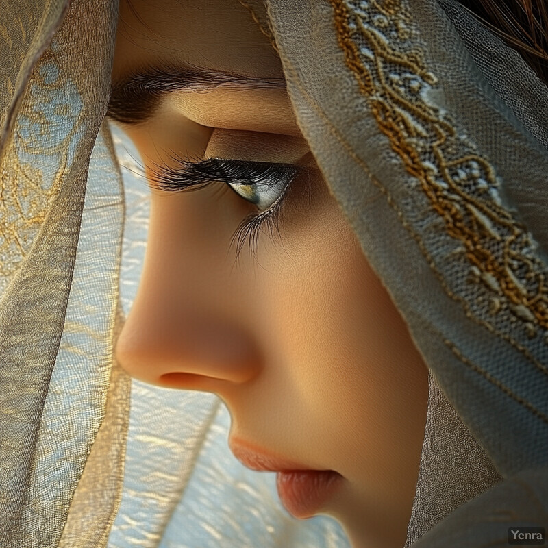 A close-up portrait of a woman with a light-colored veil draped over her head, gazing downward with an introspective expression.