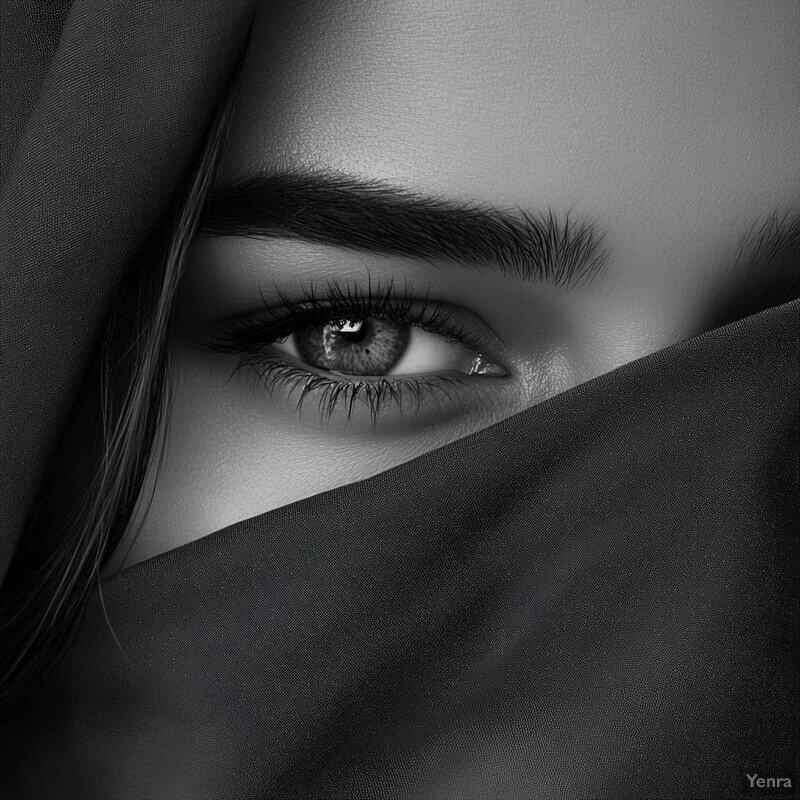 A close-up of a woman's face with her eyes and eyebrows visible behind a black veil or cloth.