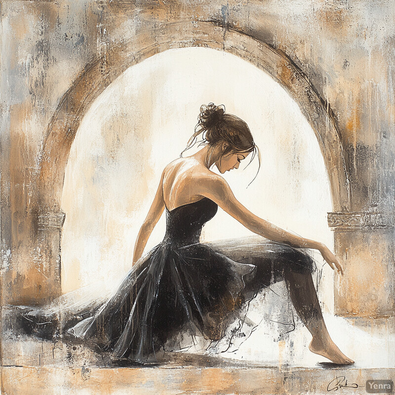 A woman in a black dress sits on an archway, exuding elegance and serenity.