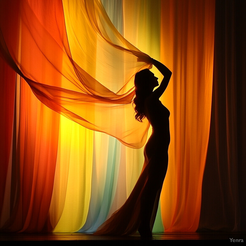 A woman stands in front of a curtain, her silhouette illuminated by light from behind it.