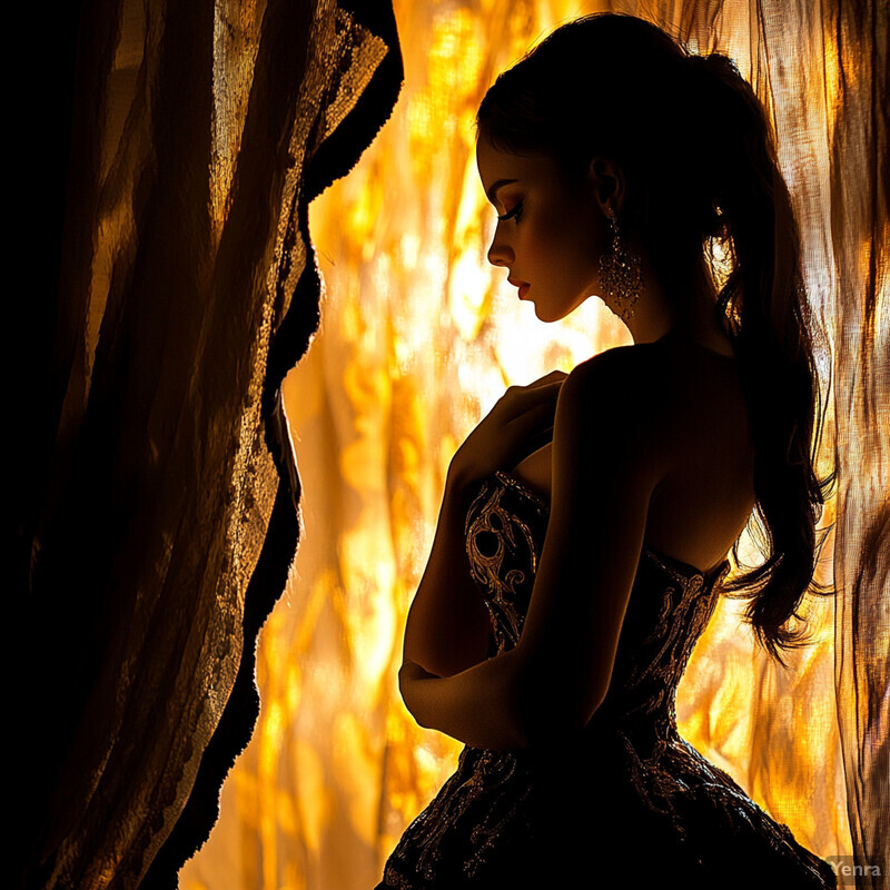 A woman in silhouette stands against gold and brown drapes, wearing a strapless gown with intricate embroidery.