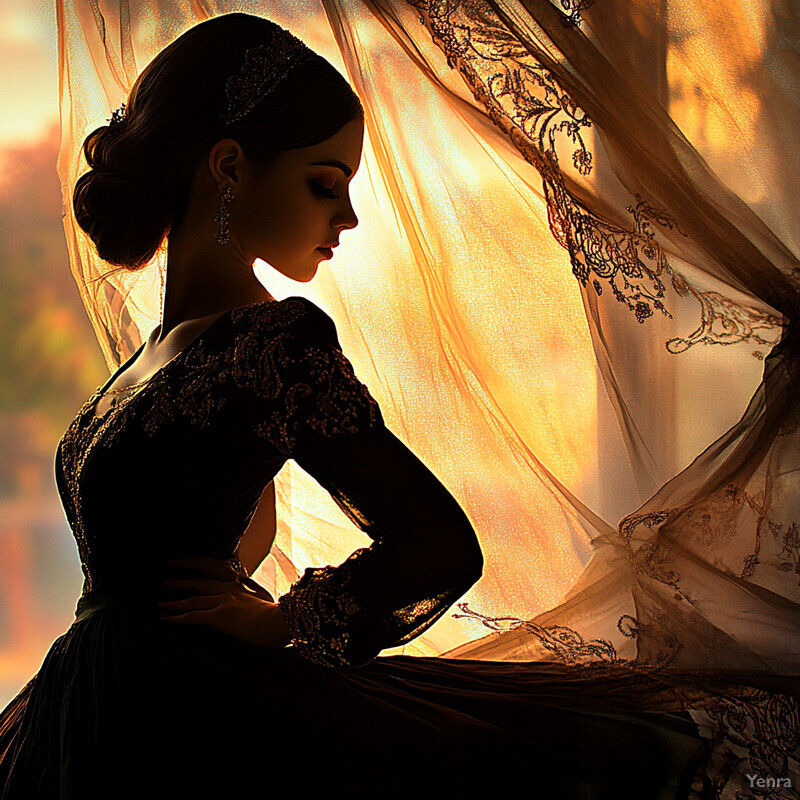 Woman standing in front of a window with sheer curtains