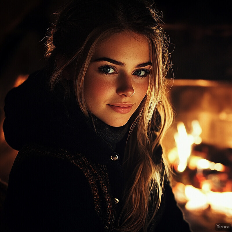 A young woman with long blonde hair and blue eyes looks directly at the camera, set against a warm and serene background.