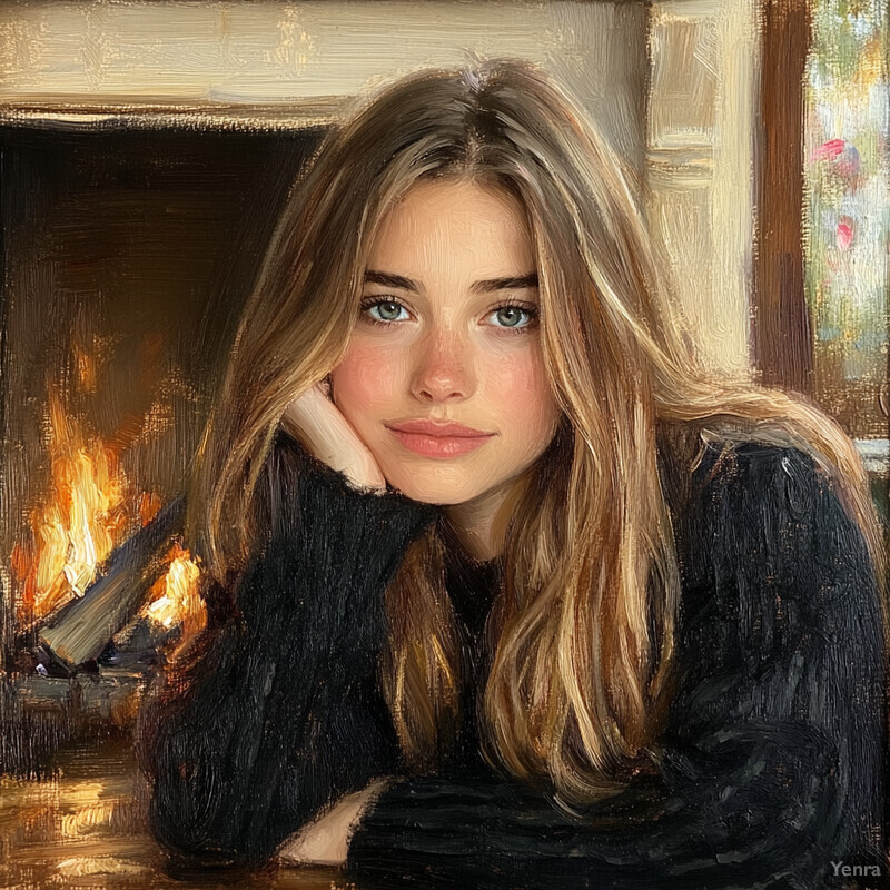 A young woman sitting by a fireplace