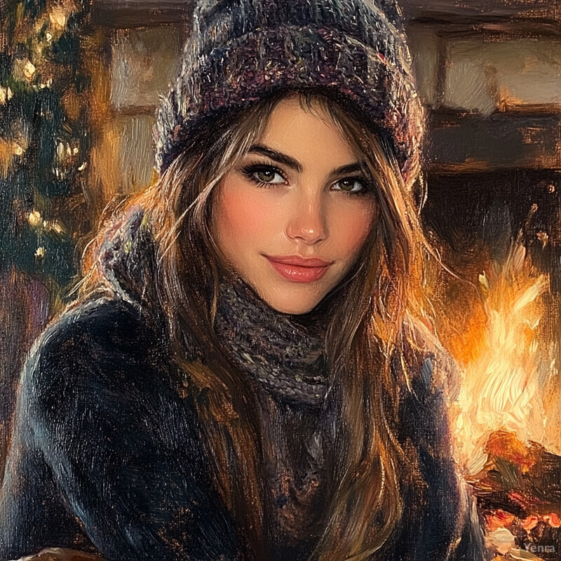 A woman sits by a fireplace, surrounded by warmth and coziness.