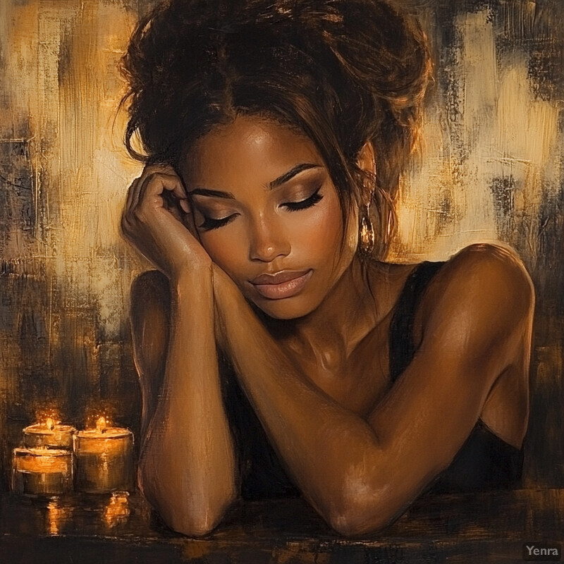 A woman with dark skin and brown hair, surrounded by candles, exudes elegance and serenity.