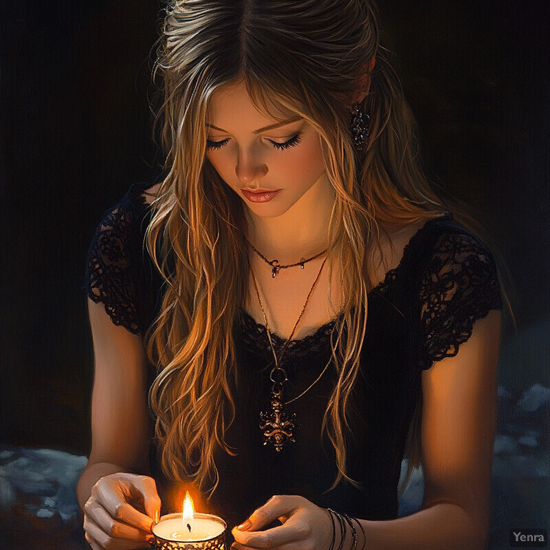 A young woman with long blonde hair holds a lit candle in her hands, surrounded by darkness.