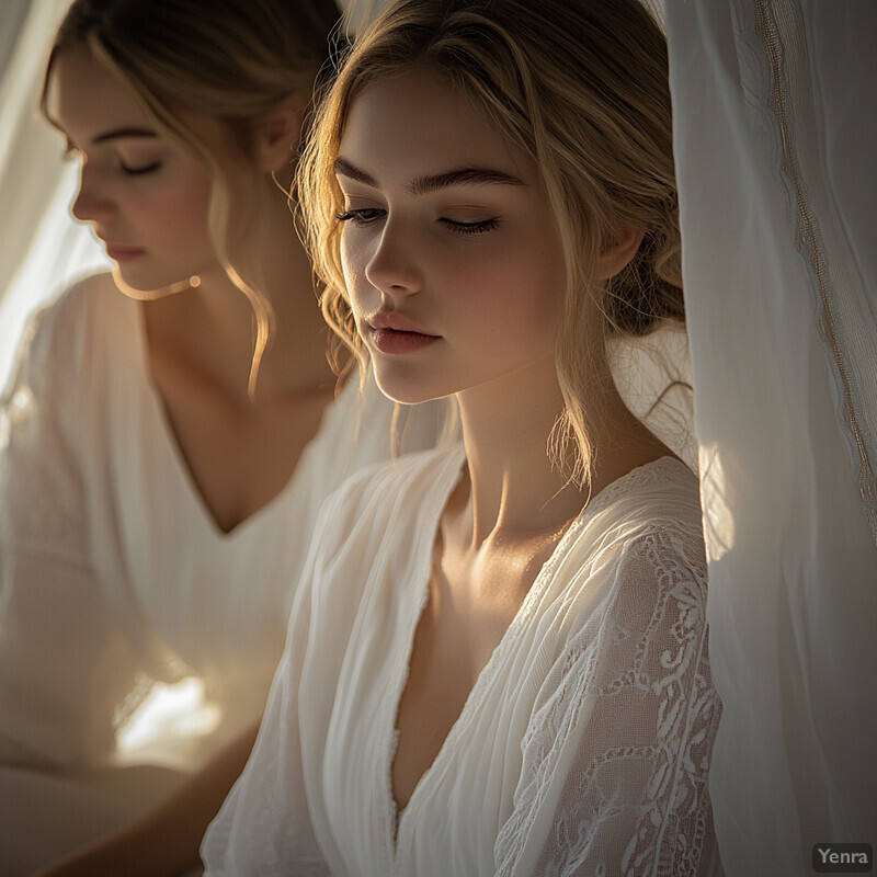 Two young women with fair skin and blonde hair pose in white lace attire within a room with white curtains