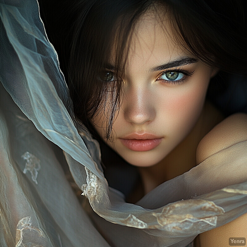 A young woman with green eyes and fair skin is featured in a soft light portrait.