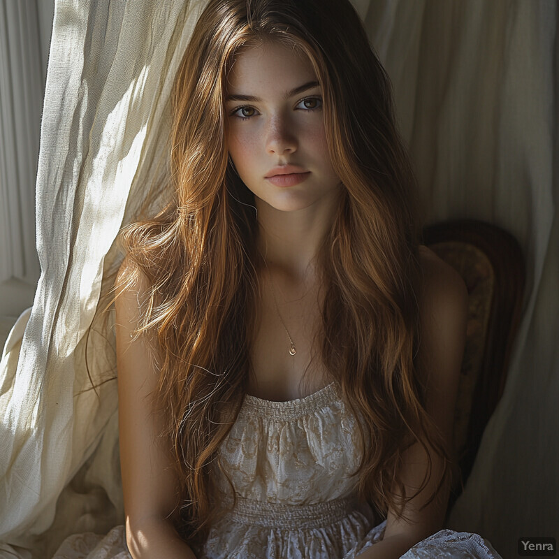 A young girl with long brown hair and hazel eyes sitting on a wooden chair, holding a stuffed animal and looking at the camera.