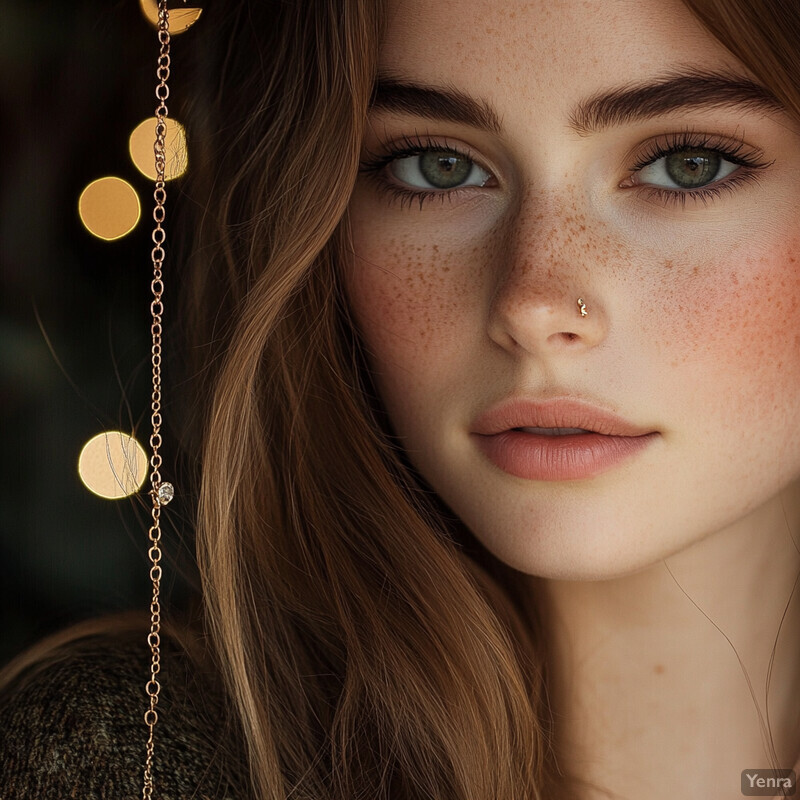 A young woman with green eyes and long brown hair, wearing a dark-colored sweater or top, posing for a professional photoshoot.