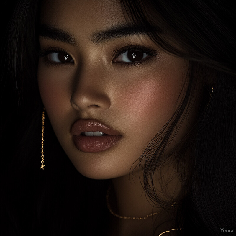 A close-up portrait of an Asian woman with dark hair and brown eyes, exuding confidence and poise.