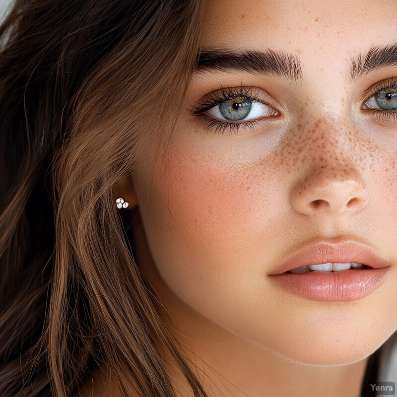 A close-up portrait of a young woman's face, showcasing her features in remarkable detail.