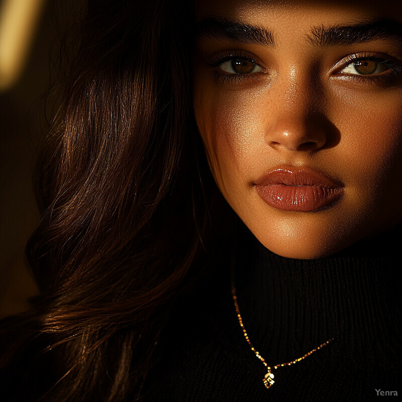 A close-up photograph of a woman's face, showcasing her dark brown eyes, thick eyebrows, and tanned skin.