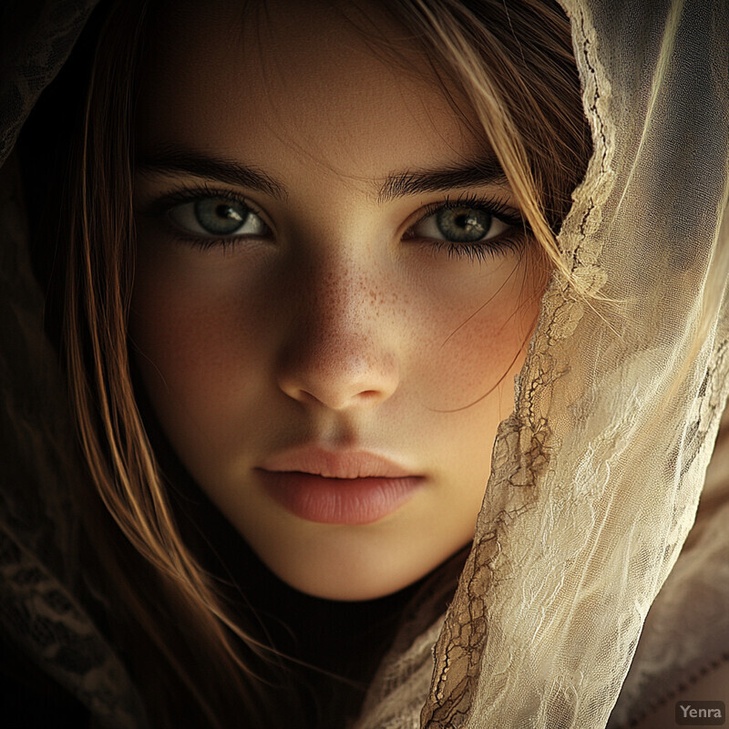 A woman's face partially covered by a light-colored lace veil or scarf