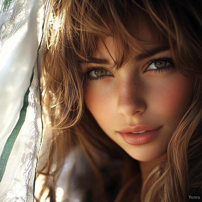 Softly illuminated portrait of a woman with long brown hair and bangs