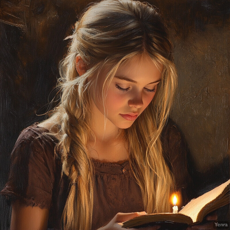 A young girl reads by candlelight