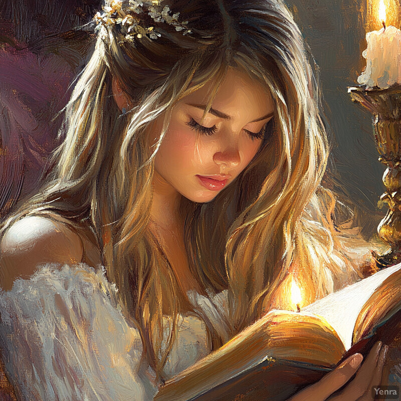 A serene and dreamy scene of a woman in a white dress holding an open book with a lit candle on top of it