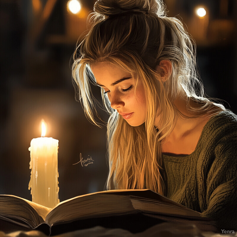 A woman reads by candlelight, surrounded by an intimate atmosphere.