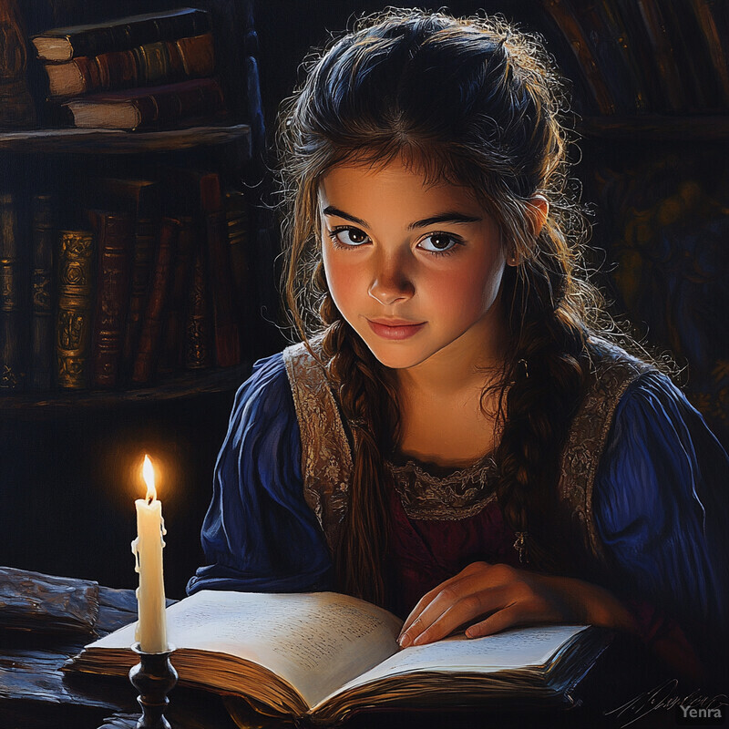 A young girl reads a book by candlelight, surrounded by an atmosphere of quiet contemplation and intellectual curiosity