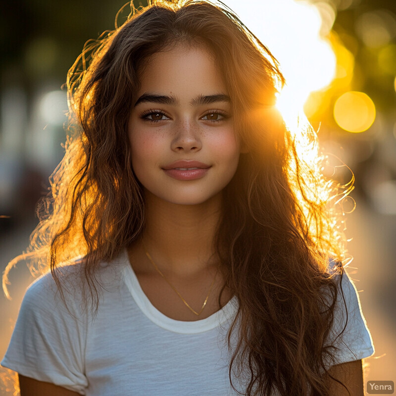 A young woman with long brown hair and light skin, wearing a white t-shirt and gold necklace, set against a blurred outdoor background.