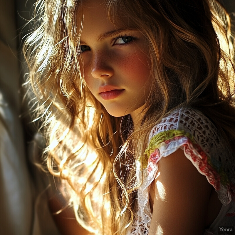 A young girl with long blonde hair is bathed in sunlight, wearing a white lace top with floral patterns.