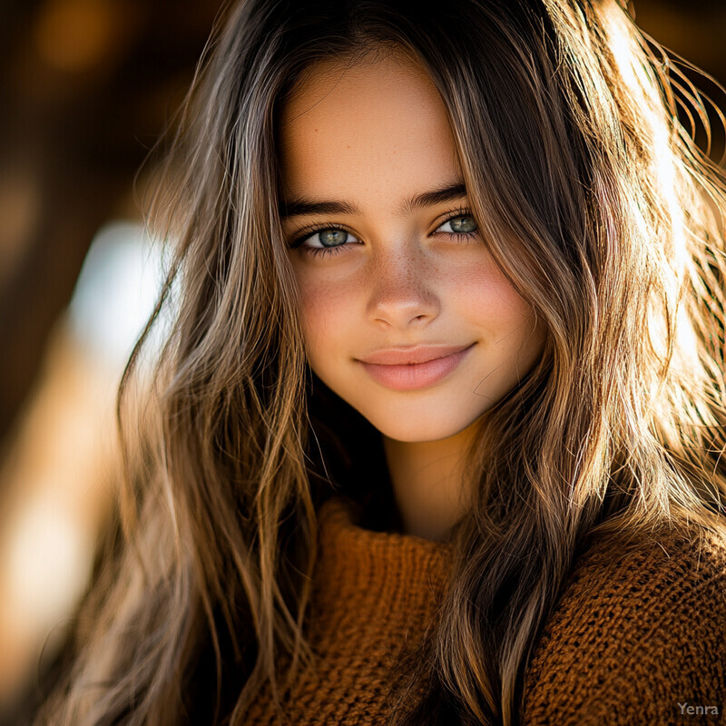 A young girl with long hair and a brown sweater looks directly at the camera.