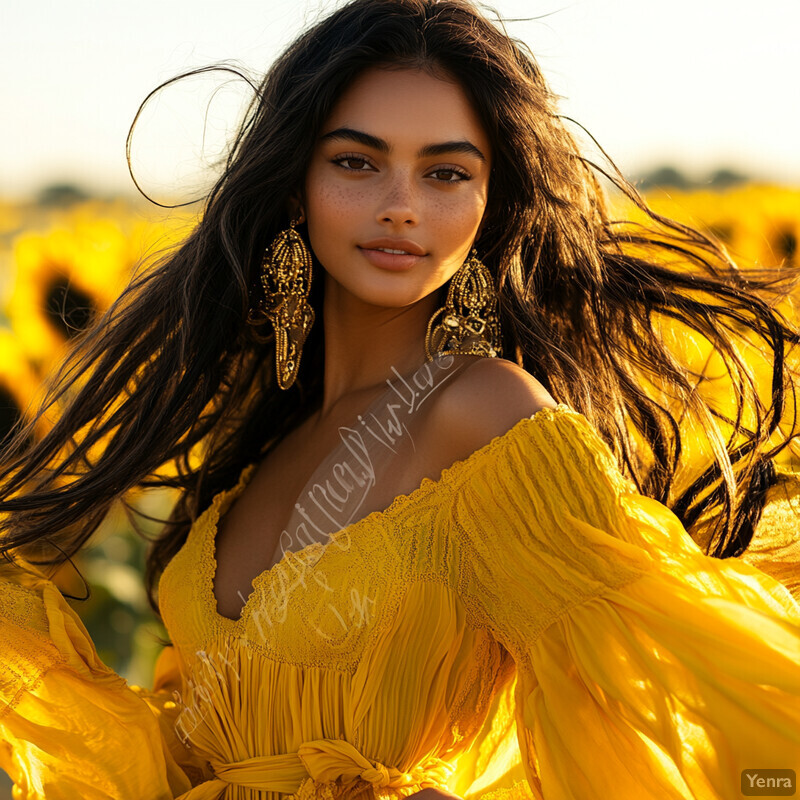 A woman in a yellow dress poses amidst a field of sunflowers