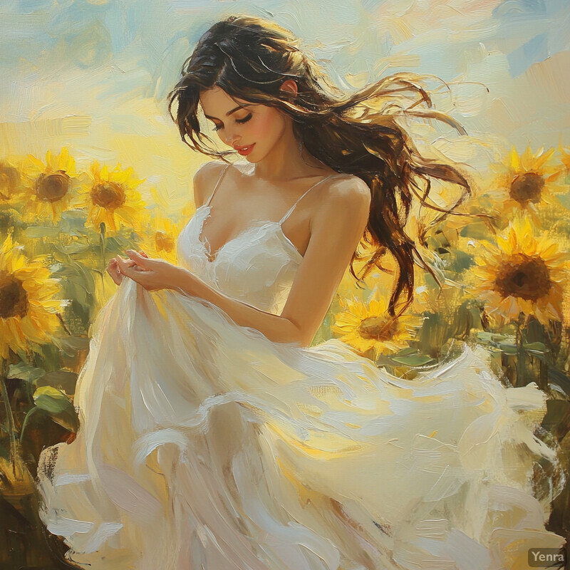 A woman in a white dress stands amidst sunflowers, evoking a sense of peace.