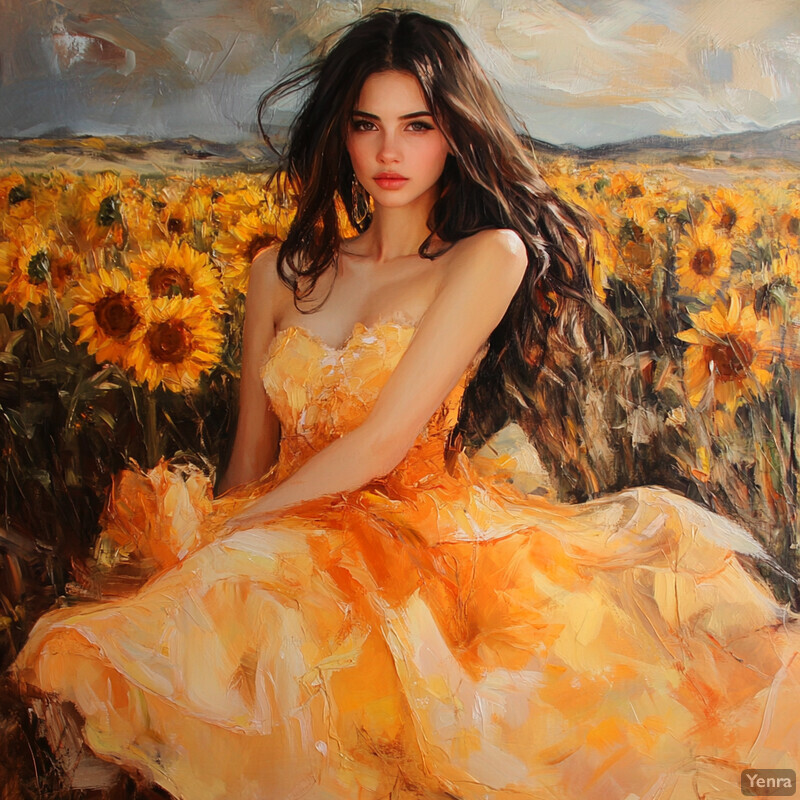 A serene and idyllic scene of a woman sitting in a sunflower field on a sunny day.