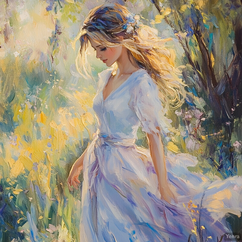 A serene painting of a woman walking through a forest, surrounded by lush greenery and flowers.