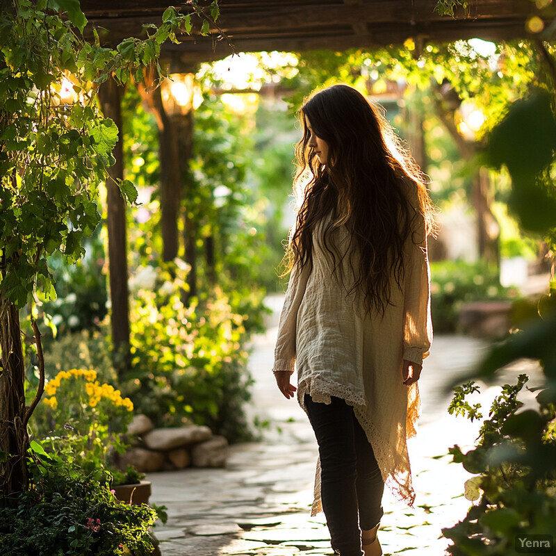 A woman stands in a garden under an arched trellis, surrounded by lush greenery and vibrant flowers.