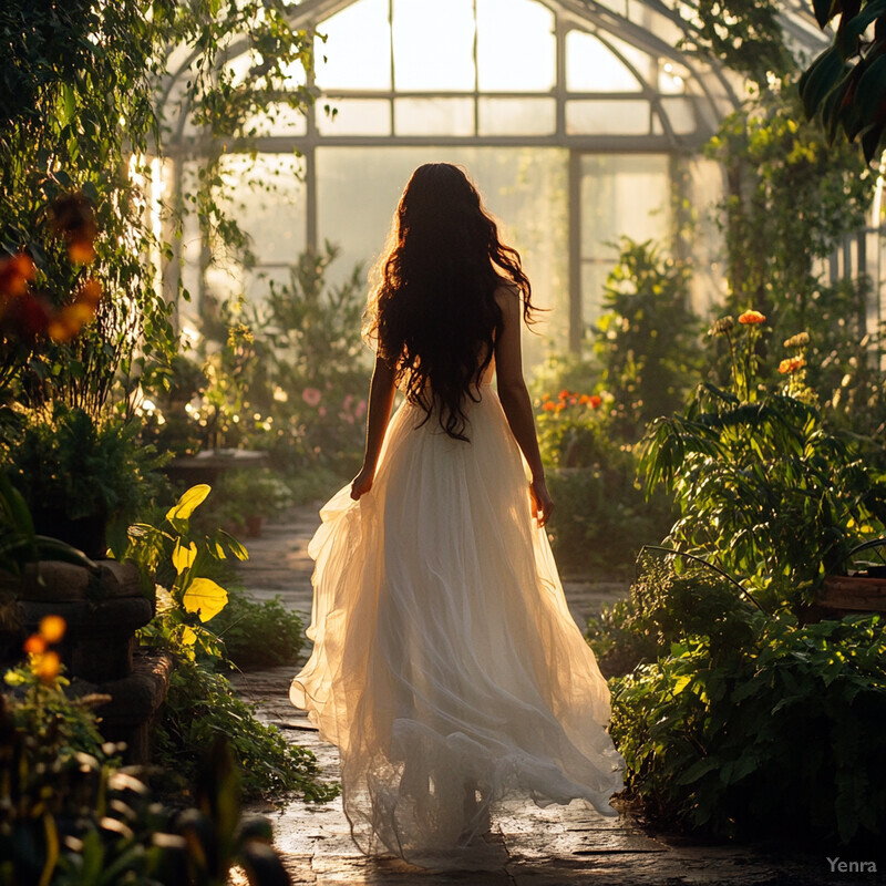 A woman in a white wedding dress walks through a greenhouse filled with lush greenery